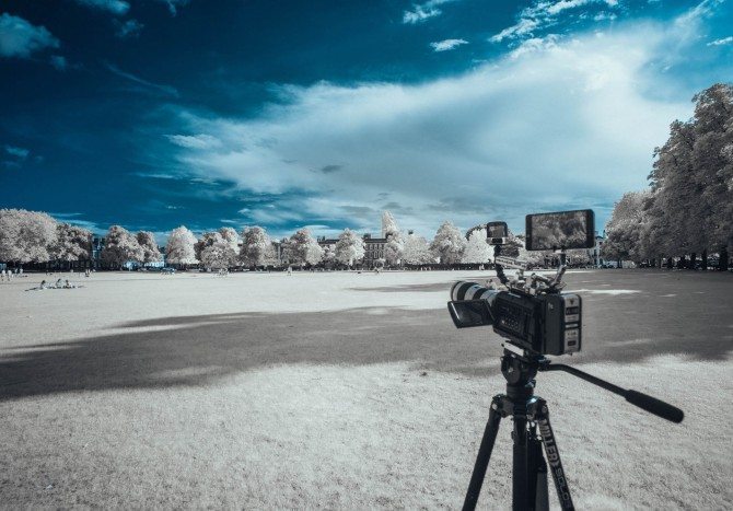 Shooting with the URSA mini 4.6k on Richmond Green. Infrared photo with modified Sony A7R